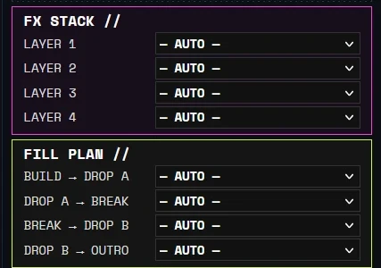 Acid Bedrock blueprint panel: FX stack and fill plan